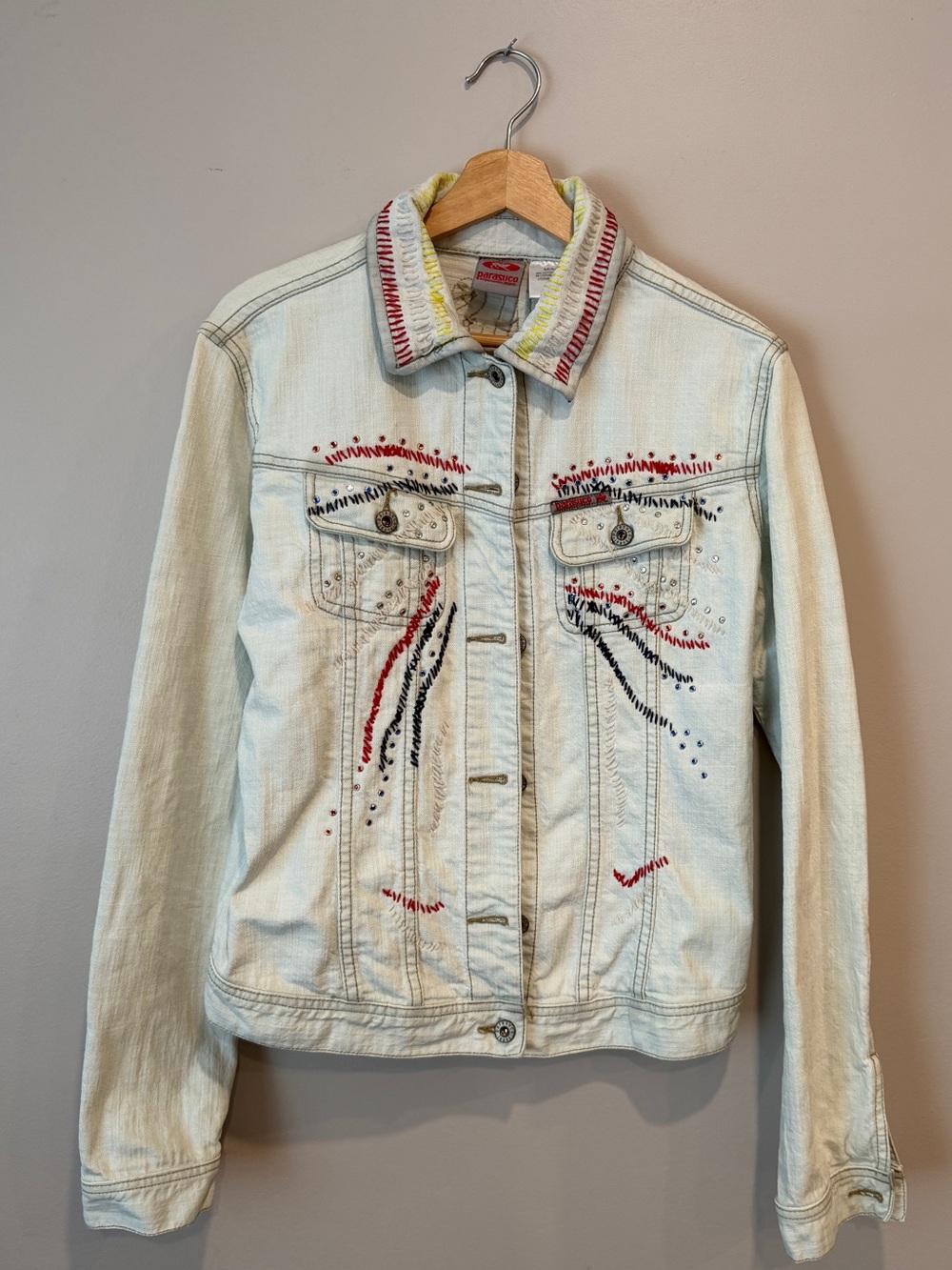 Vintage Y2K Parasuco Embroidered Studded Light Wash Denim Jacket Womens M